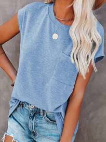 Women's Solid Color Batwing Sleeve Loose Casual T-Shirt, Summer Pocket Patch Top - Sky Blue - View 3