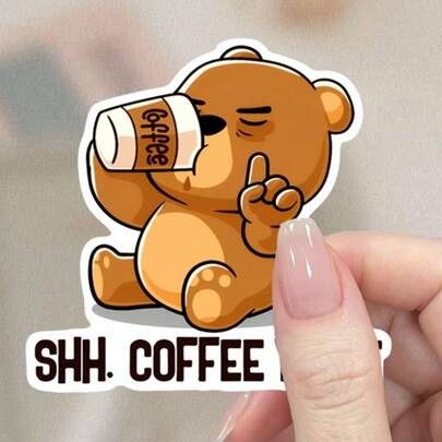 1张3英寸可移除防水户外PVC耐用乙烯基贴纸，趣味小熊嘘嘘咖啡杯“嘘！咖啡！”讽刺意味十足，咖啡前别跟我说话，病毒式传播的Z世代幽默可爱动物美学，完美适用于笔记本电脑、手机、水瓶、滑板、头盔、日记本、汽车保险杠、笔记本、宿舍装饰、旅行箱包等。是送给13-30岁青少年、女孩、男孩、咖啡爱好者、内向者的理想礼物。创意装饰贴纸，防水乙烯基材质，适用于任何光滑表面。