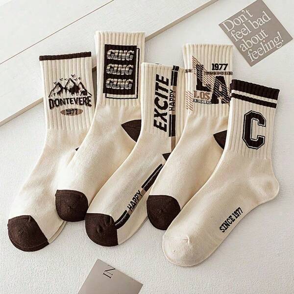 5 Pairs Vintage Style Knitted Socks |  Matching Options, Eye-Catching Print Patterns, Classic Neutral Aesthetic, Comfortable Supportive Fit, Sports-Ready For All Kinds Of Active Lifestyles