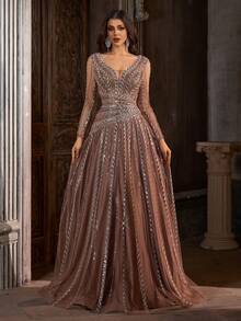 Women's V-Neck Long Sleeve A-Line Dress With Mesh, Sequins And Embroidery, Suitable For Parties Wedding - Brown - View 4