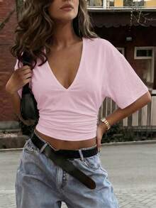 Sexy Casual Y2K Pleated Waist V-Neck Slim Fit Top, Suitable For Daily, Commute, Date, Party Pink - Pink - View 3