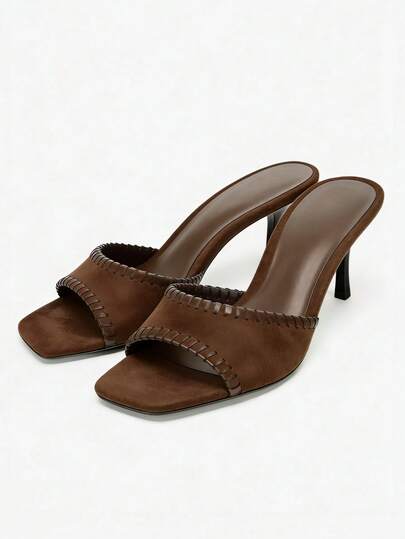 2026 Summer New Brown Square Toe Suede High Heel Mules For Women, Handmade Stitching Stiletto Slip-On Sandals, Retro Commuting Versatile Outdoor Slippers