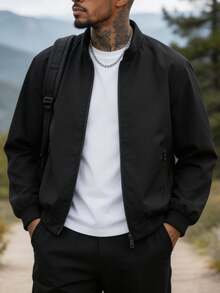 Men's Solid Black Minimalist Stand Collar Jacket, Functional For Commuting, Suitable For Travel And Daily Wear Sports - Black - View 1