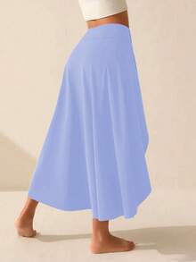 Chân váy yoga nữ cỡ lớn màu trơn, cạp cao, vạt bất đối xứng, xẻ tà, có quần short bên trong và túi, kiểu dáng năng động, thích hợp mặc hàng ngày và tập luyện, mùa xuân/hè. - Màu xanh nhạt - Xem 4