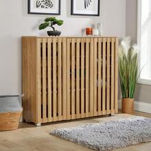 2 Door Wooden Shoe Storage Cabinet Rack Stand, Slatted Cupboard, Oak Effect - Oak - View 2