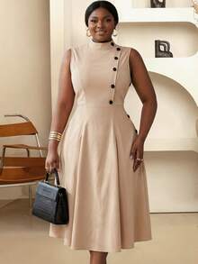 Women's Beige Fitted High Neck Sleeveless Midi Dress, Side Button Design - Elegant & Fashionable, Suitable For Office, Business, Party, Formal Events - Apricot - View 3