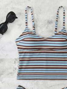 新款春夏法式复古蓝条纹独特性感休闲优雅露背系带束腰显瘦沙滩度假派对泳装套装 - 彩色 - 查看 4