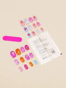 24pcs Square Pressed Nail Stickers For Children, Macaron Color Scheme, Square Design Less Prone To Snagging, Adhesive-Free Easy To Wear, Includes Gingerbread Man, Cake, Lollipop And Other Cute Patterns, Full Of Childlike Charm, Suitable For Daily Life, Christmas And Parties, Bringing Adorable Experience For Kids - Multicolor - View 2