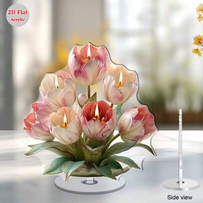 Decoración de escritorio giratoria de acrílico 2D, que muestra una vela con forma de tulipán con pétalos rosa y blancos, hojas verdes y una llama en la parte inferior