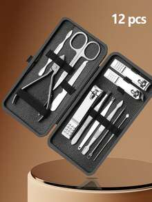 7-18pcs Black Stainless Steel Nail Clipper Set, Full Hand & Foot Care Tools, Eyebrow Scissors, Gift For Boyfriend With Portable Travel Case - Multicolor - View 9