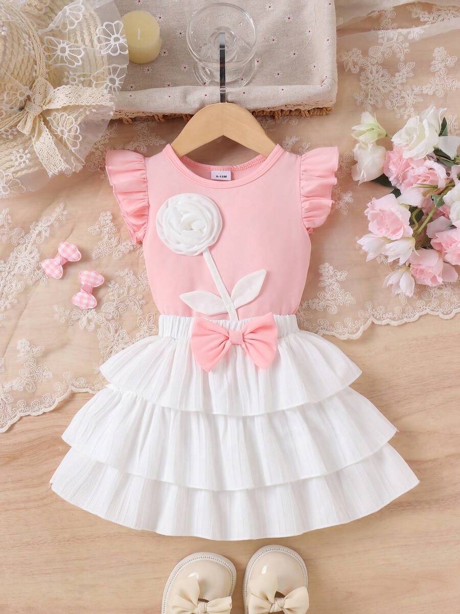 2件套女婴甜美可爱3D立体花朵荷叶袖圆领背心上衣+3D立体蝴蝶蛋糕裙套装，夏季 - 粉色 - 查看 1