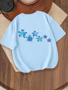 Girls' Refreshing Ocean Tee, Plus Size Ombre Sea Turtle Graphic Cute Beach Top, Summer Holiday Street Style - Baby Blue - View 3