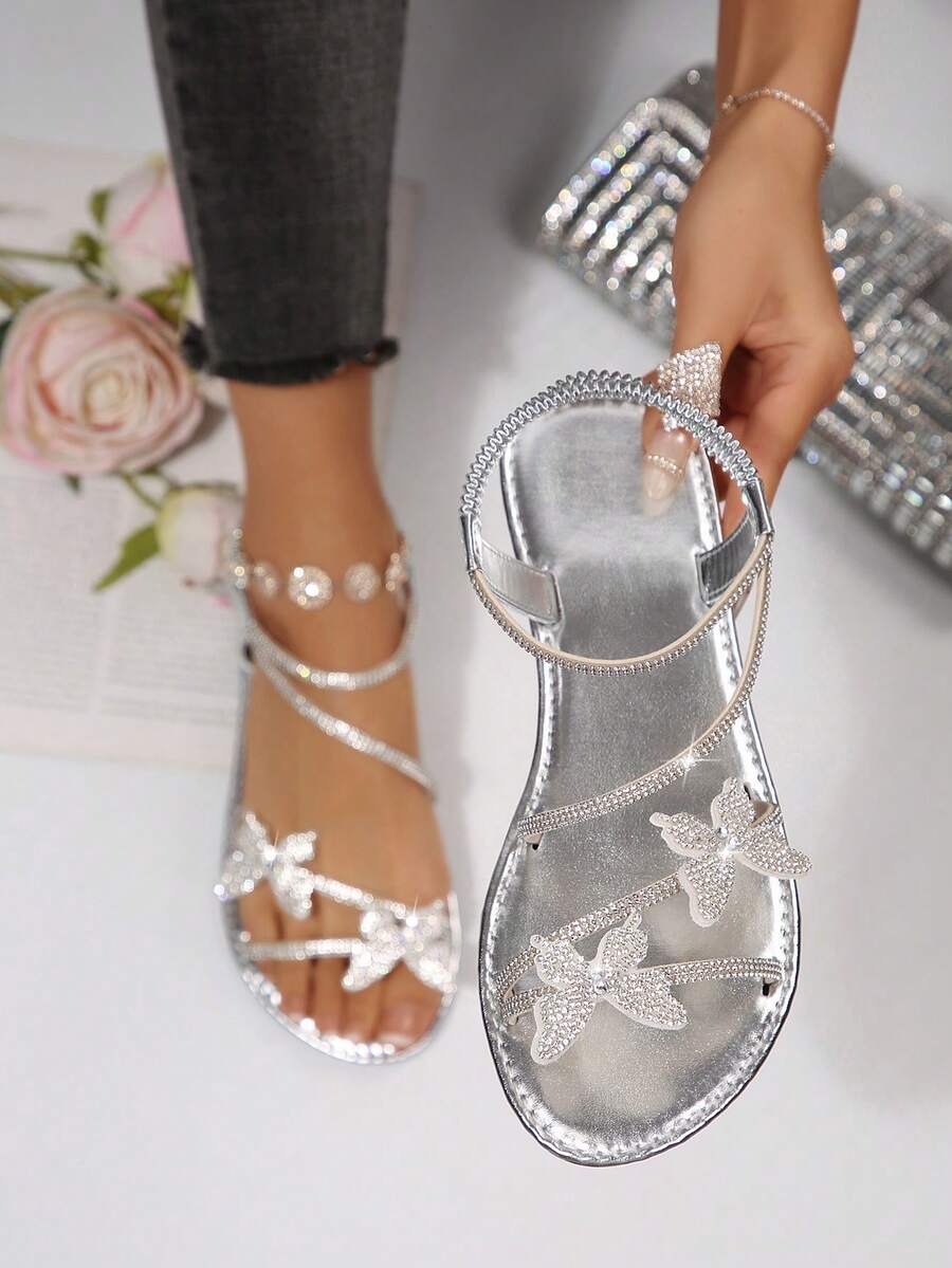 Summer New Casual Fashion Minimalist Lightweight Open Toe Glass Rhinestone Cute Bow Slip-On Women Flat Sandals, Suitable For Vacation, Party