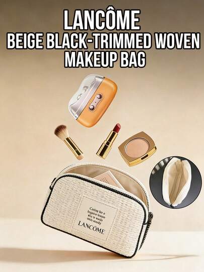 Lancôme Bolsa de maquillaje Lancome beige con ribete negro, bolsa de maquillaje texturizada de marfil con forro negro, material de poliéster resistente con cierre de cremallera, gran capacidad de almacenamiento con múltiples bolsillos, bolsa de aseo de viaje, organizador de productos de belleza para mujeres, accesorio minimalista elegante, regalo perfecto para cumpleaños o amistad, portátil y ligero