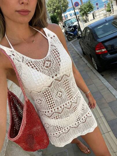 Đầm mini xuyên thấu kiểu Bohemian móc len, đầm tank top dệt kim không tay phong cách Y2K, đồ mặc ngoài đi biển cho kỳ nghỉ và phong cách đường phố (không bao gồm bikini)