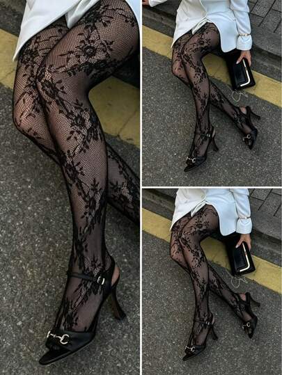 1pc Women's Rose Jacquard Black Fishnet Pantyhose, Thin Black Tights For Party, Clubbing, Retro Fishnet Stockings, Summer Ultra-Thin Socks