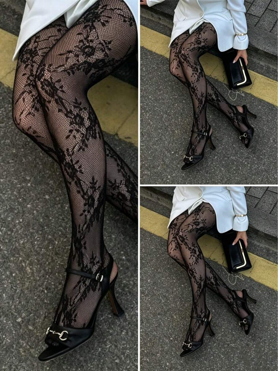 1件装女士玫瑰提花黑色渔网连裤袜，薄款黑色紧身裤，适合派对、夜店穿着，复古渔网袜，夏季超薄袜子 - 黑色 - 查看 1