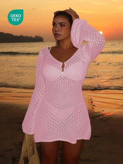 Women's Plus Size Crochet Lace Cover Up Swimsuit, Elegant Bohemian Beach Vacation Style, Faux Pearl Button Sexy V-Neck Skirt, White Pink Summer