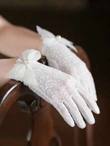 1 par de guantes de novia de satén blanco, decorados con un lazo de perlas falsas y cristales, adecuados para bodas elegantes, ópera, fiestas de té, verano, playa - Multicolor - Ver 17