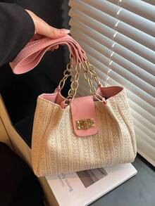 2026春季新款草编单肩包，大容量通勤百搭设计，独特小水桶包，女士款 - 粉色 - 查看 7