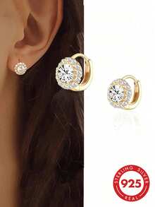 BALMORA 1 Đôi bông tai bạc 925 kiểu dáng đơn giản, đính đá Cubic Zirconia tròn, thích hợp cho nữ giới đeo hàng ngày, có thể dùng làm quà tặng. - Vàng - Xem 2