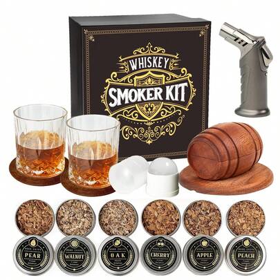 Whiskey Smoker Kit With Torch - 6 Flavors Wood Chips, 2 Glasses, 2 Ice Ball Molds - Cocktail Smoker Infuser Kit, Old Fashioned Drink Smoker Kit, Birthday Bourbon Whiskey Gifts For Men,Dad(NO Butane)