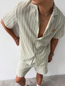 Conjunto casual de manga corta con botones y rayas en color verde - Verde - Ver 6