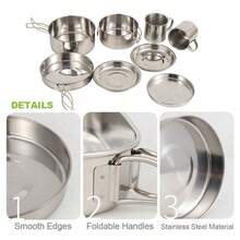 Lixada Camping Cookware Mess Kit 8pcs Stainless Steel Cooking Pot And Pan Set With Plates Cups For Camping Hiking Backpacking - 8pcs Set - View 6