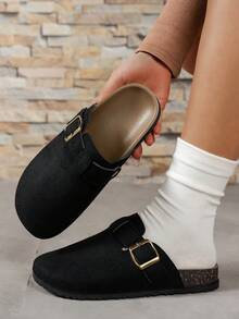 1 Pair Solid Color Casual PU Leather Strap Sandals, Suitable For Home Wear All Seasons - Black - View 2