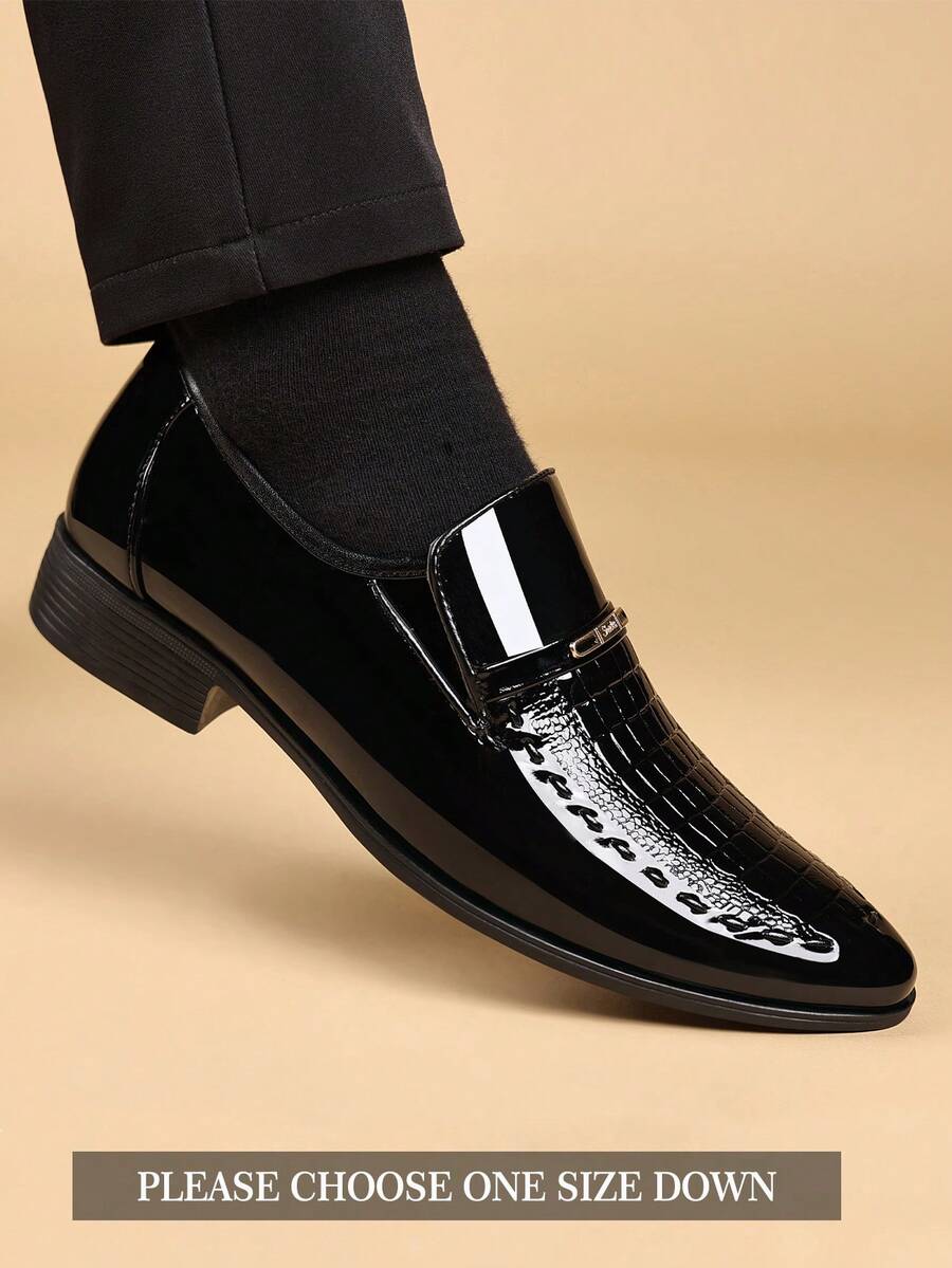 Zapatos de vestir elegantes con textura de cocodrilo y estampado animal para hombres, adecuados para boda, oficina y fiesta en verano - Negro - Ver 1