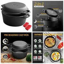 2-In-1 Pre-Seasoned Cast Iron Dutch Oven Pot With Skillet Lid Cooking Pan, Cast Iron Skillet Cookware Pan Set With Dual Handles, Indoor Outdoor For Bread/Frying/Baking/Camping/BBQ, 5 Qt - 5QT - View 2