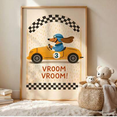 1 pieza Obra de arte de pared sin marco con tema de perro de carreras - Decoración de animales y automóviles, decoración de habitación con tema de vehículos, sala de juegos, impresión de estilo artístico caprichoso para el hogar, oficina, aula, apartamento, dormitorio, decoración de dormitorio, decoración, impresiones para la pared, carteles, decoración vintage, decoración de fiestas y mejor opción de regalo