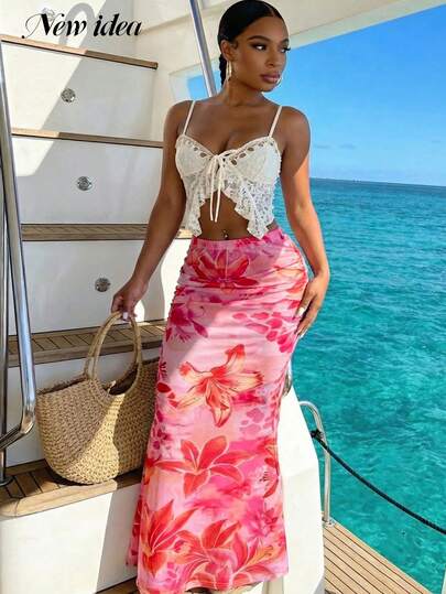 Chân váy maxi đuôi cá xếp ly, in hoa màu hồng thanh lịch dành cho nữ, thiết kế ôm sát cạp cao, xu hướng mùa hè, phù hợp cho các bữa tiệc hè, kỳ nghỉ và hoạt động thường ngày.