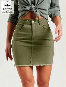 Fitted Frayed Hem Denim Mini Skirt, Sexy Bodycon - Valentine's Day Casual White Summer - xanh quân đội - Xem 5