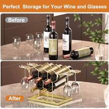 B4Life - Estante de vino para encimera 8 botellas de metal moderno pequeño soporte para botellas de vino de mesa de 3 niveles para gabinete despensa estantes de vino para encimera - Dorado - Ver 8
