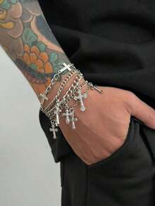 5pcs Punk Cross Bracelet Set, Men's Personalized Hip Hop Metal Accessories, Suitable For Daily Wear, Party, And Holiday Gifts - 5Pcs - View 13
