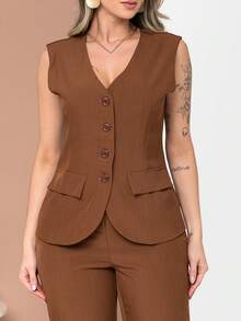 Elegant Plain Vest And Trousers Set C3302 - Rust Brown - View 5