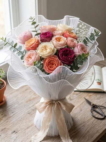 Giấy gói hoa voan trắng gợn sóng, lưới organza mỏng lãng mạn cho bó hoa hồng, chất liệu lót cho cửa hàng hoa, vật liệu gói quà cưới, sinh nhật tự làm, vải lưới trang trí hoa.