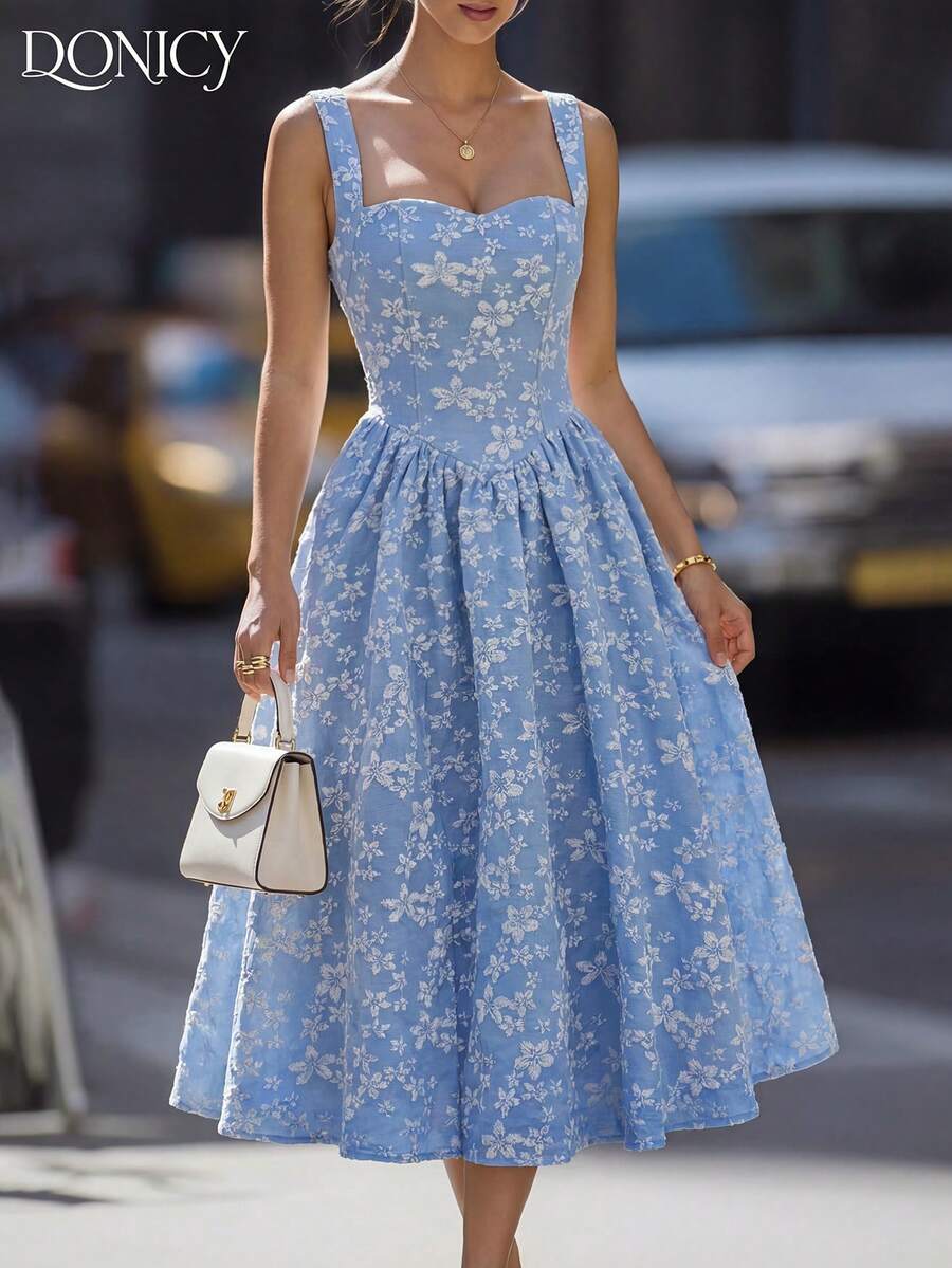 DONICY Women's Blue Floral Ruffle Hem Dress, Square Neck Mid-Length Wide Strap Dress, Sweet Romantic Summer Vacation Dress - Blue - View 1