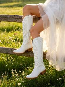 Women's Embroidered Western Cowboy Boots Fashion Chunky Heel Pointed Toe Pull On Vintage Knee High Cowgirl Boots Outdoor Casual Party Spring Shoes - trắng - Xem 1