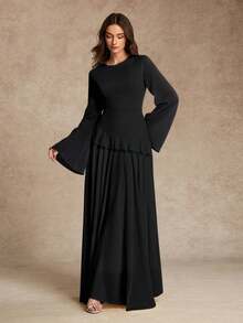 Women's Elegant Flounced Splice Cinched Waist Flare Sleeve Dress, Spring/Summer - 黑色 - 查看 2