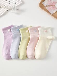 5 Pairs Women's Candy Color Heart Pattern Ankle Socks, Cute Casual Boat Socks, Random Colors, All Seasons - Multicolor - View 3
