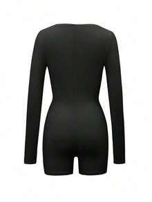 Women's Square Neck Solid Color Minimalist Jumpsuit - Long Sleeve Short Jumpsuit, Suitable Fitness, Versatile Outdoor Sports, Valentine's Day, Spring/Summer Long Sleeve Knit Jumpsuit Black Elegant - màu đen - Xem 4