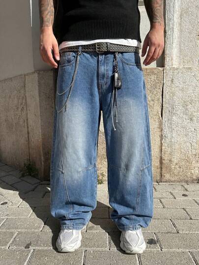 男士宽松拼接水洗蓝色牛仔阔腿牛仔裤，街头休闲时尚，百搭四季