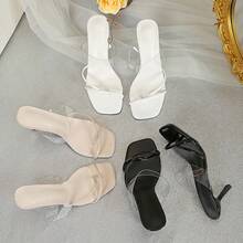 Sandalias de tacón alto para mujeres Sandalias transparentes de tiras finas con puntera abierta para mujer, con tacón fino y punta cuadrada: nuevo modelo de moda, versátiles, con tiras finas, estilo etéreo y con un aire de influencer - Albaricoque - Ver 7