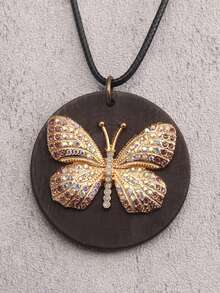 1 pieza Collar con colgante de mariposa de madera con efecto de goteo de color de moda para mujer, joyería de mariposa hueca con incrustaciones de diamante de imitación, regalo para la novia, accesorio diario - Plato redondo - Ver 13