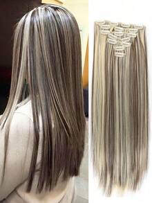 18-32 Inch Clip-In Hair Extensions 7pcs Set Black & Gold With Lowlights, Synthetic Fiber, Suitable For Women And Girls For Party And Daily Use - 彩色 - 查看 25