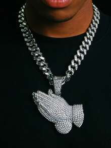 男士镶钻祈祷手十字架吊坠链，嘻哈闪亮项链套装 - 鑲鑽十字架吊墜項鍊 - 查看 7