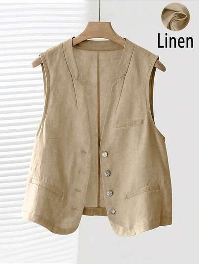 女士休闲亚麻短款背心外套，春夏款
