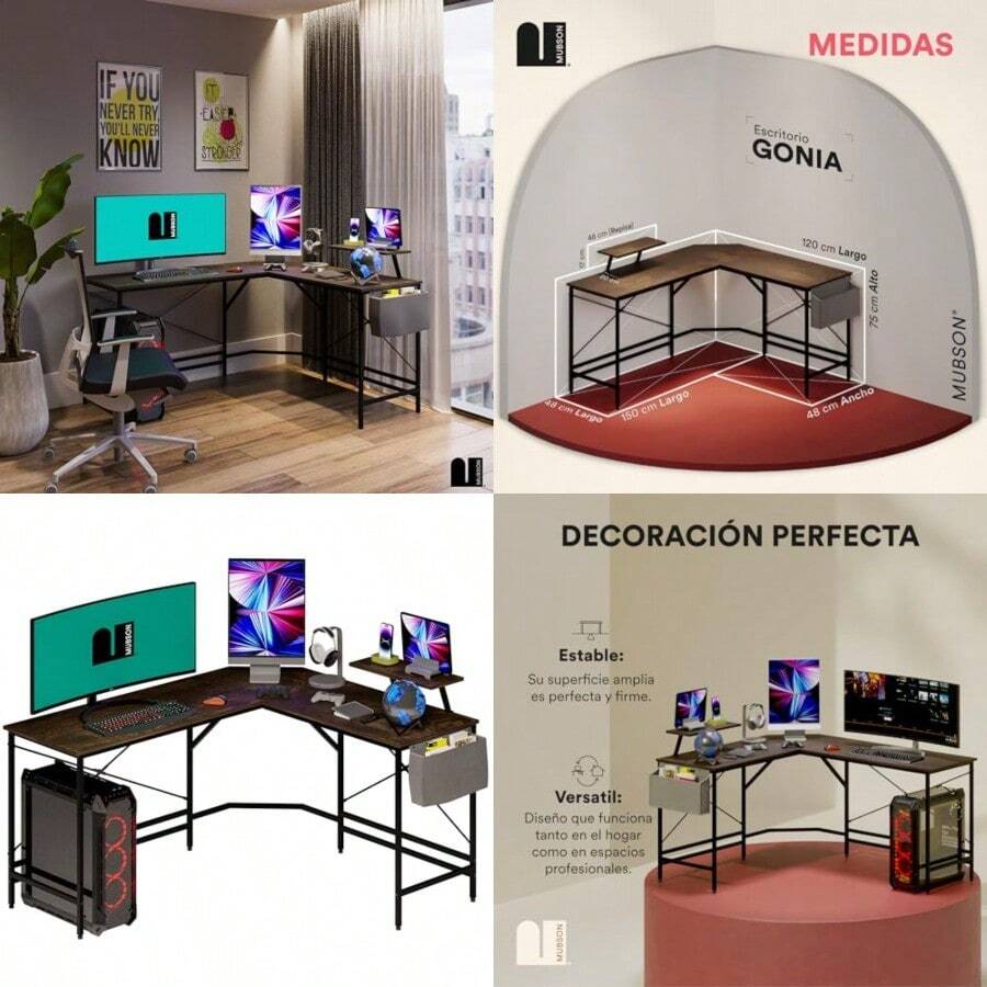 Mubson Escritorio en L Vintage con base elevada para Monitor y Porta documentos de Madera MDF. Escritorio Gamer o Trabajo para Dos Monitores con Profundidad de 48 cm. Escritorio Esquinero. Office Desk - Marrn - Ver 1